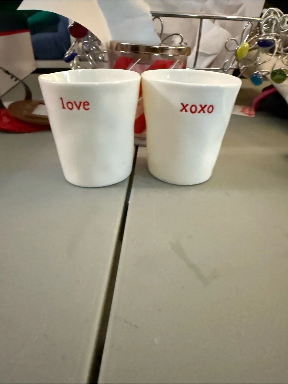 Pottery Barn White Ceramic Cups with Red 'love' & 'xoxo' Lettering